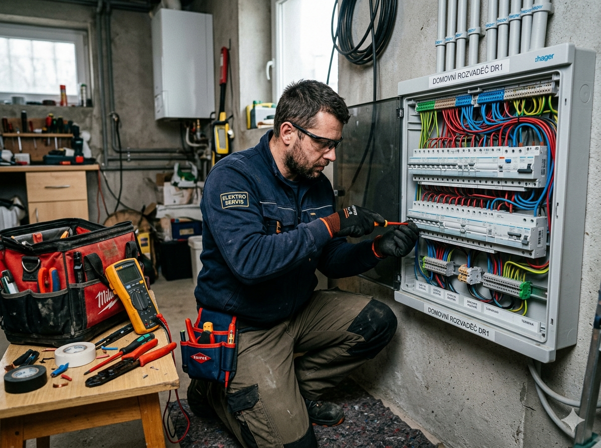 Elektrikář při rozvaděči